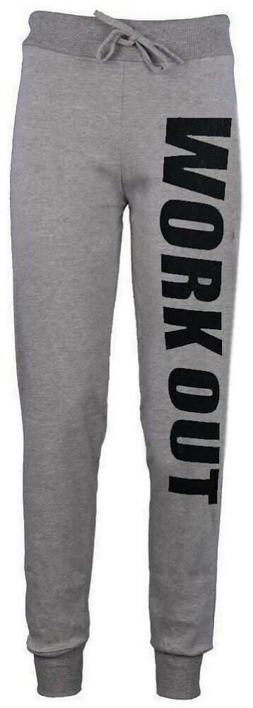 New Work Out Printed Full Length Active Joggers Gym Fitness [Silver/Grey L/XL]