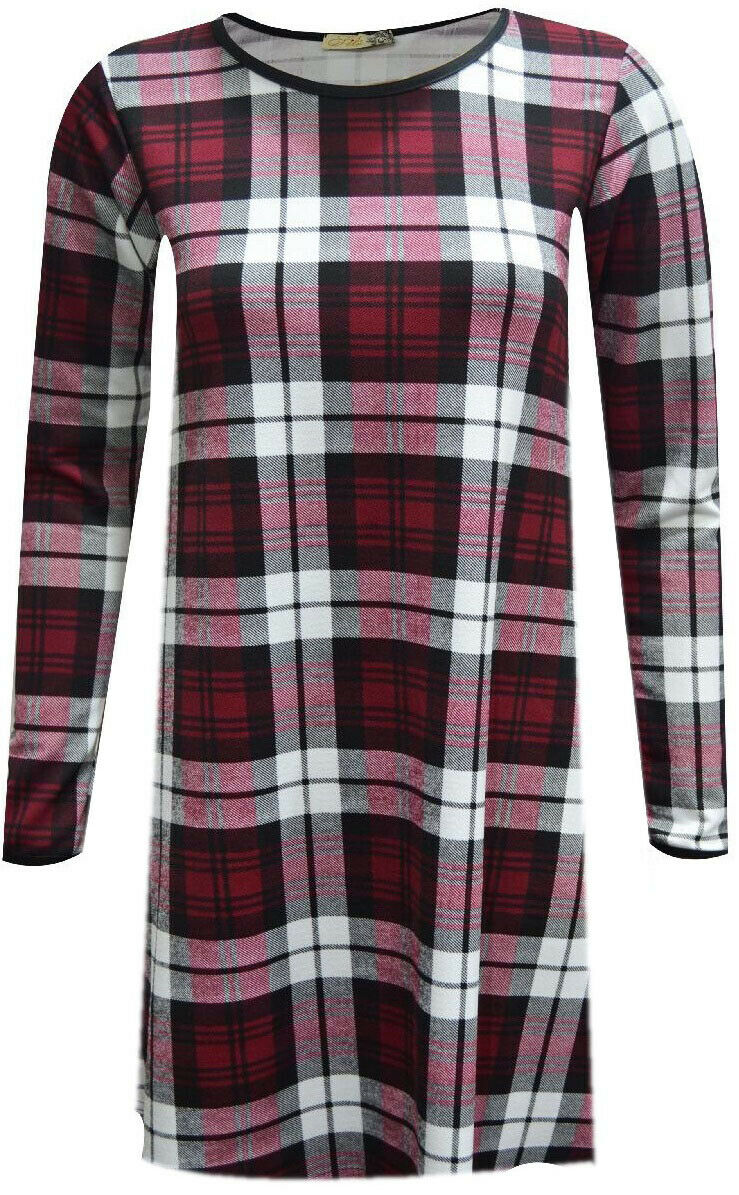 New women check tartan liverpool bodycon dress wine/red midi top