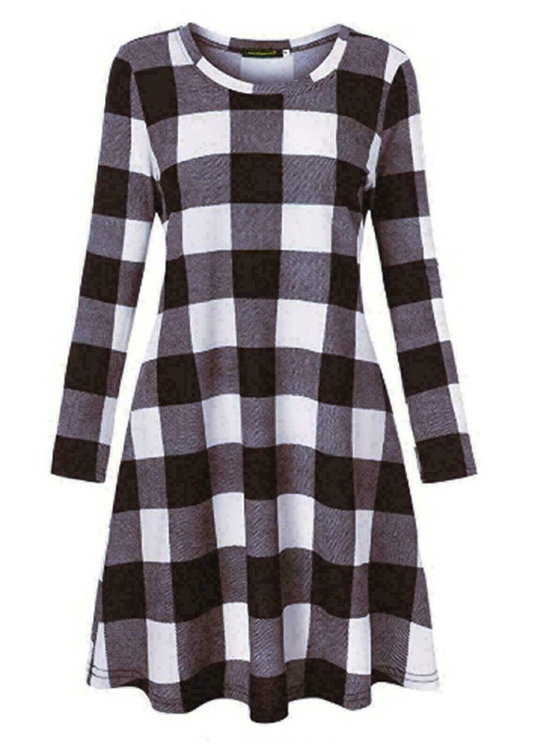 Women Long Sleeve Check Swing Dress Tartan check Swing Dress white/black XXL