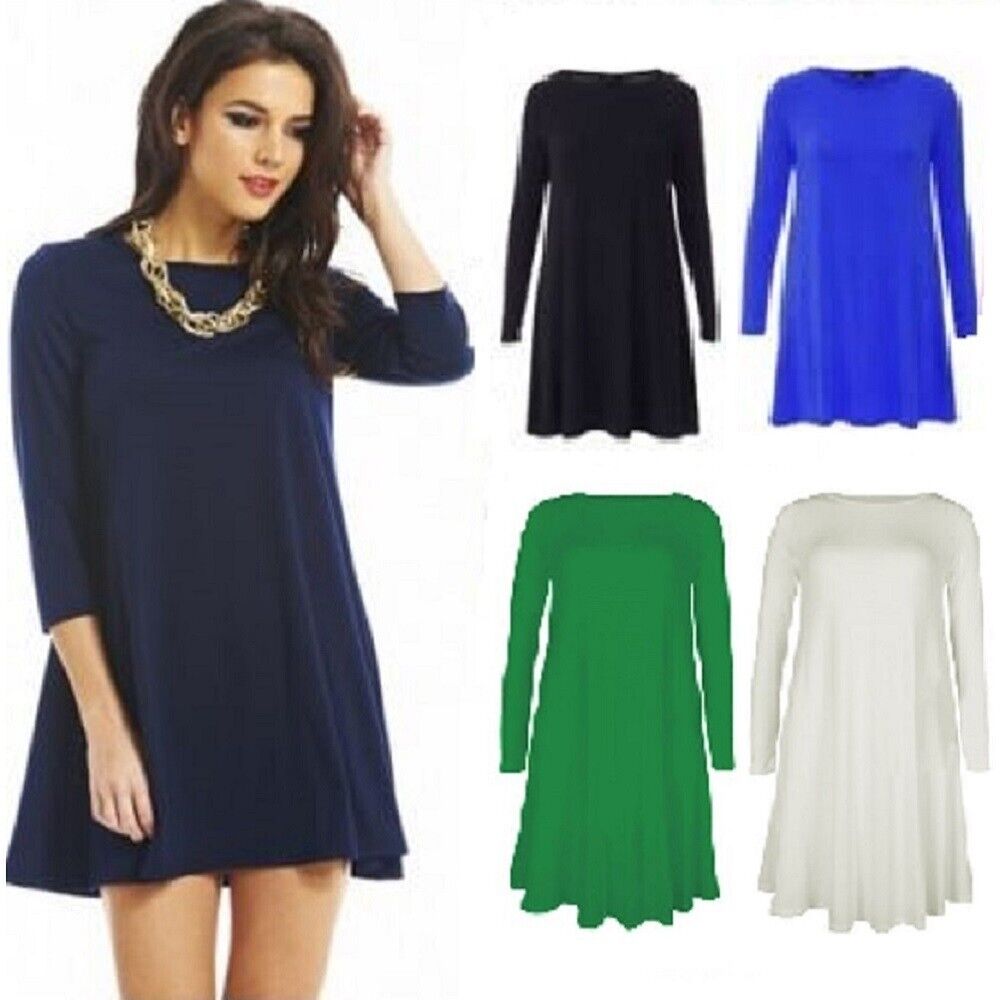 Women Ladies Long Sleeve Flared Swing A Line Smock Skater Dress Navy ML