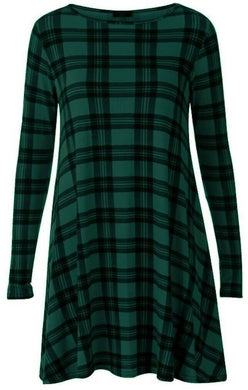 Women Long Sleeve Check Swing Dress Tartan check Swing Dress green/black size 10