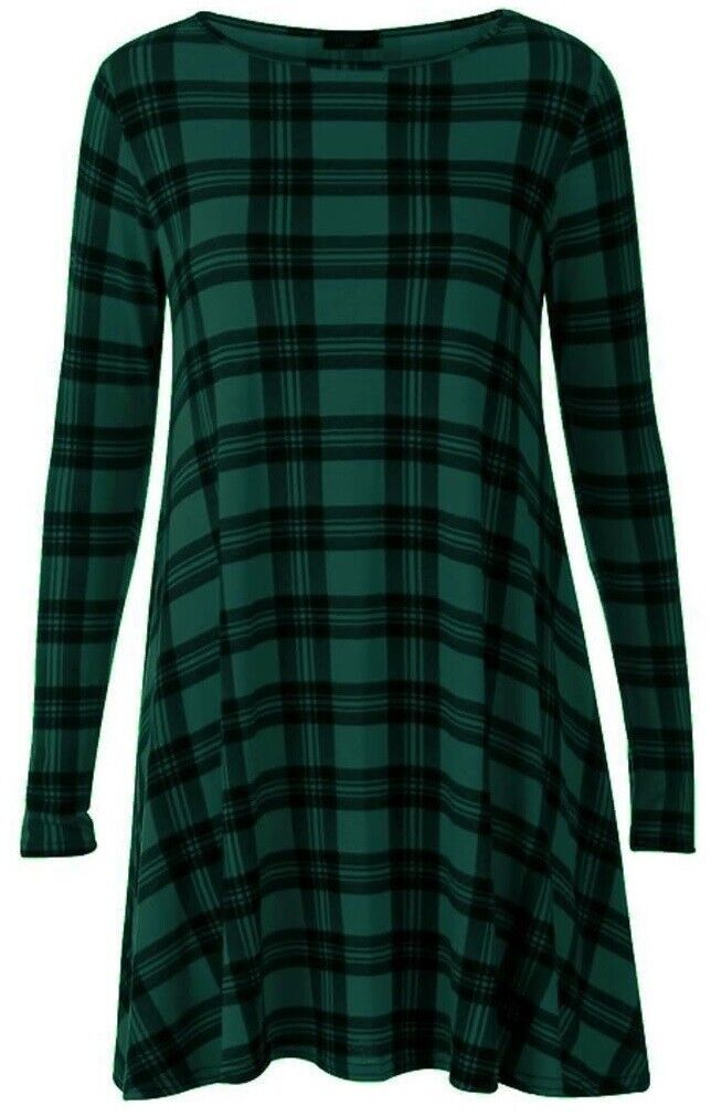 Women Long Sleeve Check Swing Dress Tartan check Swing Dress green/black size 10