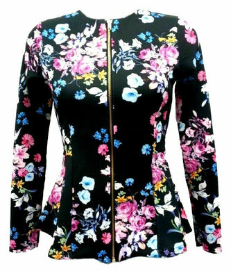 New Women Black Pink Floral Long sleeve Zip Peplum Blazer [Size Small]